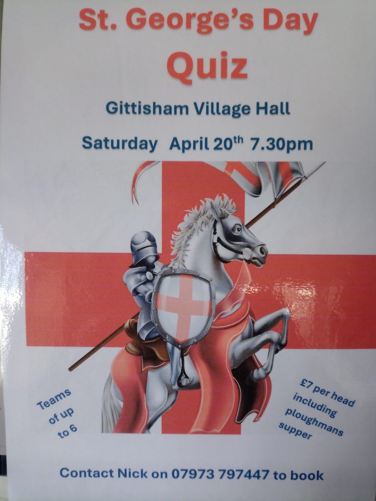 Gittisham Village Hall
7.30pm
Teams of up to 6
£7 a head including ploughman's supper
Contact Nick 07973797447 to book